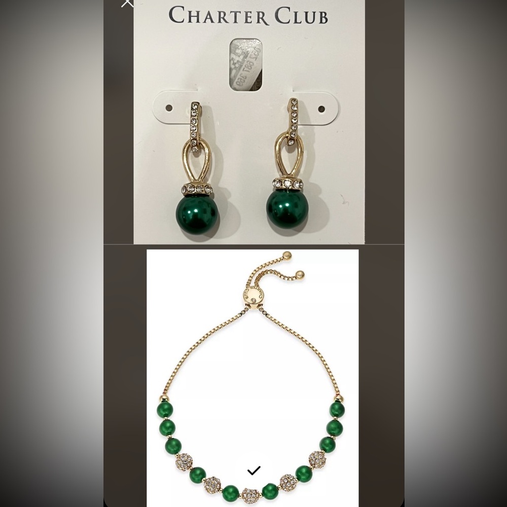 Macys Charter club imitation pave emerald green pearl set